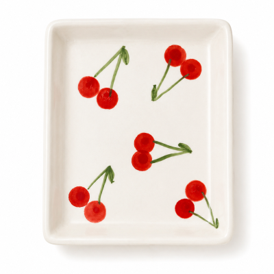 Prato quadrado branco com cerejas decorativas