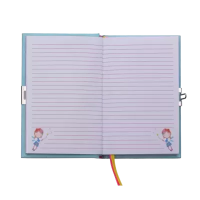 Caderno aberto com linhas rosa e fada ilustrada nas páginas