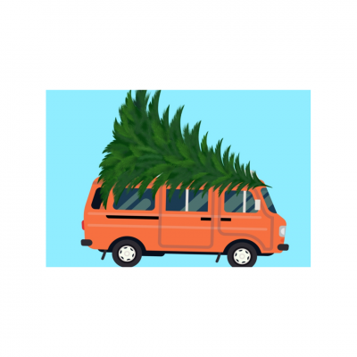 Carrinha laranja com árvore de Natal grande amarrada ao tejadilho em fundo azul claro