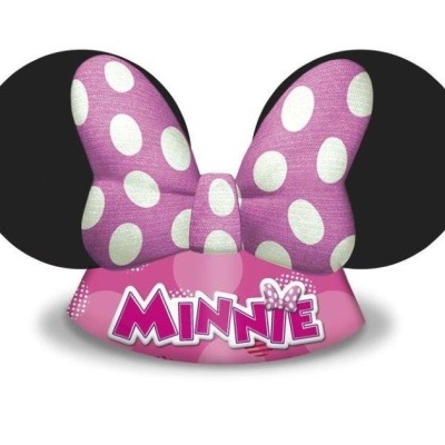 Adereço de cabeça com orelhas pretas e laço roxo com bolinhas brancas com a palavra MINNIE