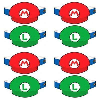 Bonés de pelúcia vermelho e verde com letras M e L e alças azuis