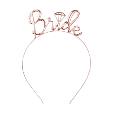 Aro de cabelo metálico rosa dourado com a palavra 'Bride' e desenho de diamante