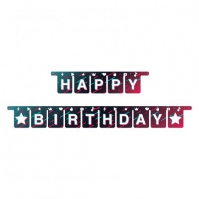 Bandeirolas HAPPY BIRTHDAY para festa, fundo azul e vermelho com estrelas