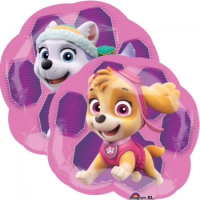 Balões cor de rosa com personagens Everest e Skye da Patrulha Pata