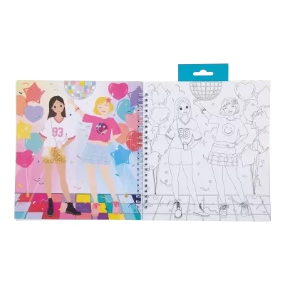 Livro de colorir com duas raparigas e balões em festa, metade colorido e metade para colorir