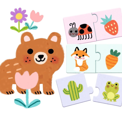 Peças de puzzle infantil coloridas com figuras de urso, flores, animais e vegetais.