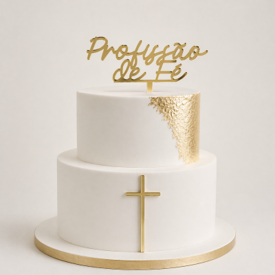 Bolo branco de duas camadas com decoração dourada e topo com texto