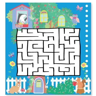 Labirinto infantil colorido com animais e flores, casa com janelas amarelas e porta azul.
