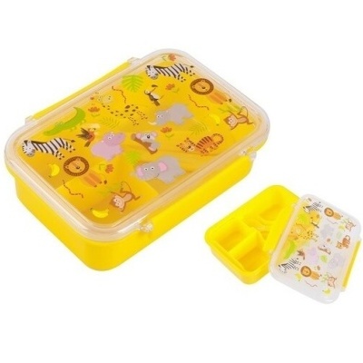 Recipiente alimentar amarelo com tampa transparente e animais da selva desenhados