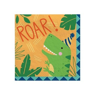 Guardanapo de papel amarelo com dinossauro verde e palavra ROAR!