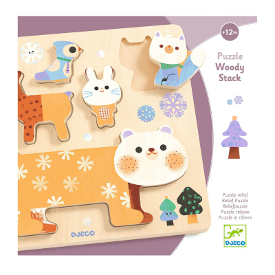 Puzzle de encaixe em madeira com peças em relevo de animais e elementos de inverno.