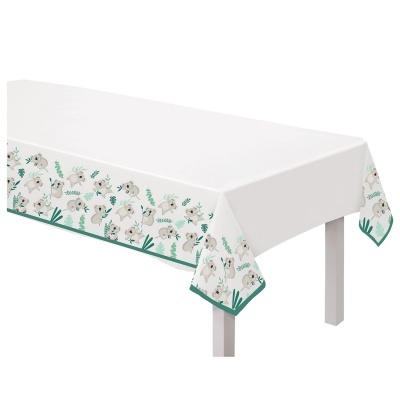 Toalha de mesa branca com bordadura decorativa com coelhos cinzentos e elementos verdes
