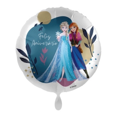Balão redondo branco com personagens Elsa e Anna e texto Feliz Aniversário