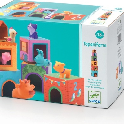 Caixa de jogo de empilhar Topanifarm da Djeco com figuras de animais coloridos e blocos de madeira.
