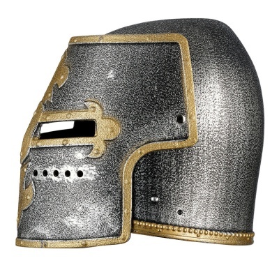 Capacete medieval de metal cinzento com detalhes dourados