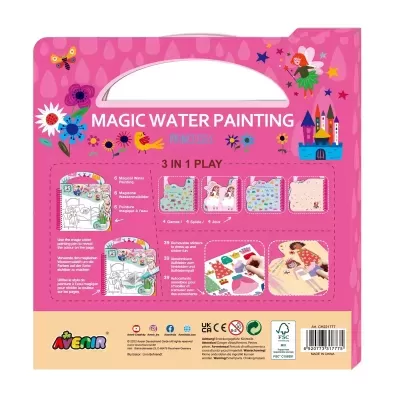 Embalagem rosa para jogo infantil Magic Water Painting Princesas com flores, castelo e fada, texto e imagens do produto