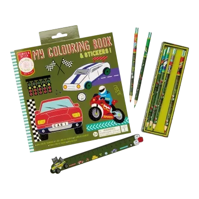 Conjunto infantil de livro para colorir, lápis de cor e régua com temas de carros de corrida