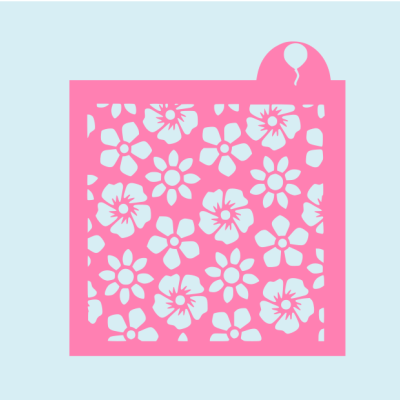 Stencil quadrado cor-de-rosa com padrão floral recortado sobre fundo azul claro
