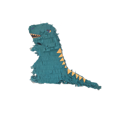 Piñata em forma de dinossauro verde-azulada com franjas e detalhes amarelos