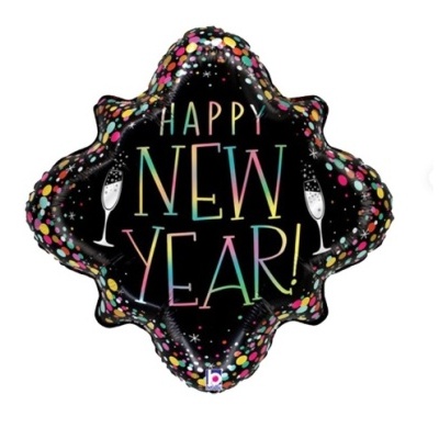 Balão metálico preto em forma de losango com confetes coloridos e texto 'HAPPY NEW YEAR!'