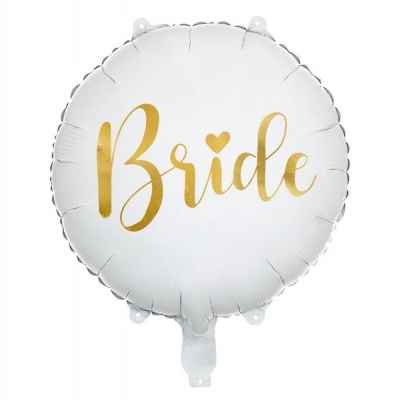 Balão redondo branco com a palavra Bride em dourado