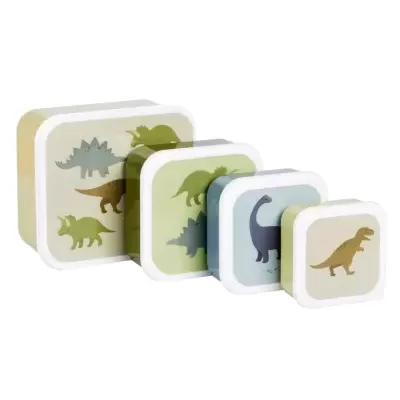 Conjunto de quatro caixas metálicas quadradas decoradas com dinossauros coloridos