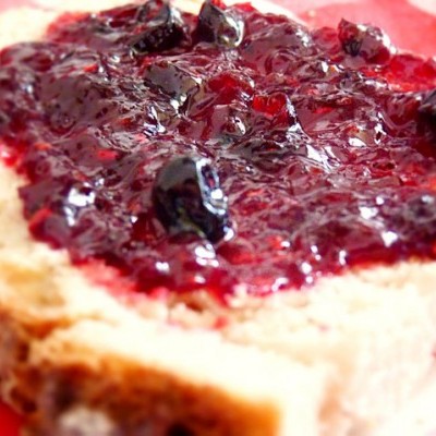 Fatia de pão com geleia vermelha sobre toalha quadriculada vermelha e branca