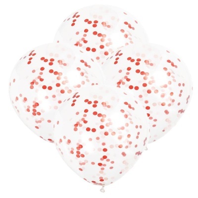 Três balões transparentes com confetes vermelhos