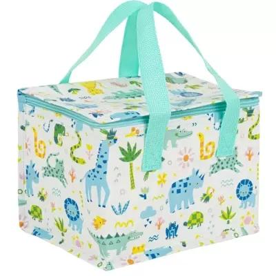 Bolsa térmica infantil com padrões de animais e alças azul-turquesa
