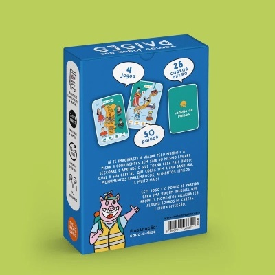 Caixa azul de jogo de cartas educativo com ilustração de porco e descrição em português