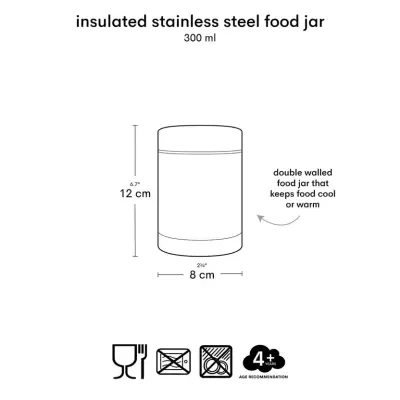 Desenho técnico de um frasco alimentar isolado em aço inox com dimensões e texto explicativo.