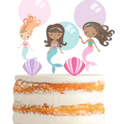 Topo de bolo com figuras de sereias, balões e conchas coloridas