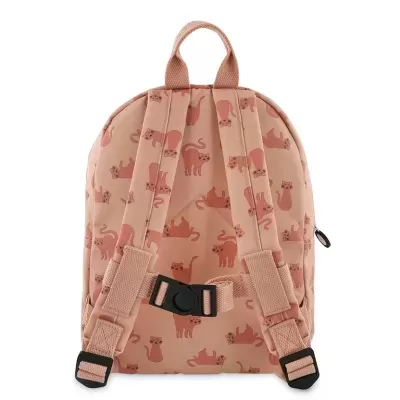 Mochila cor de rosa com padrão de gatos e alças ajustáveis