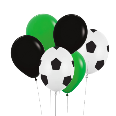 Seis balões de látex verdes, pretos e brancos com padrão de bola de futebol