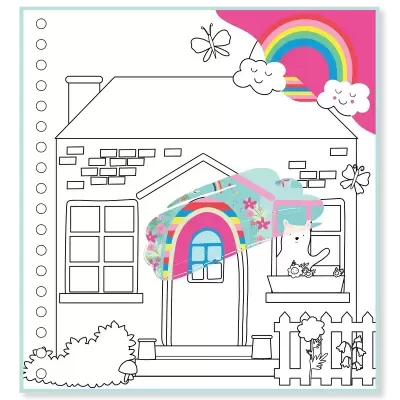 Desenho para colorir de casa com porta e elementos coloridos com padrão de arco-íris e flores