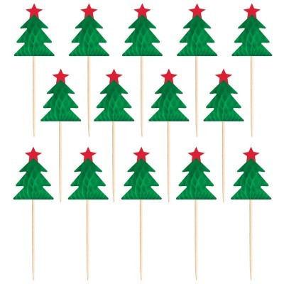 Decorações de árvore de Natal verdes com estrelas vermelhas em palitos de madeira