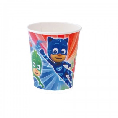 Copo descartável de papel com personagens dos PJ Masks coloridos
