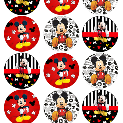 Imagens circulares coloridas com o personagem Mickey Mouse em várias poses