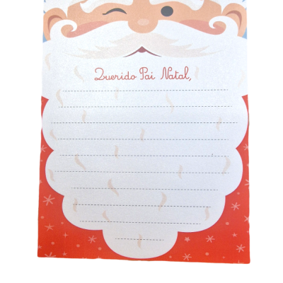 Bloco de notas com design do Pai Natal e texto 'Querido Pai Natal,'.