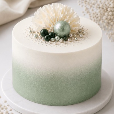 Bolo redondo verde e branco decorado com flor de açúcar e pérolas verdes e prateadas.