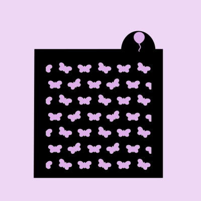 Molde preto quadrado com recortes de borboletas lilás.