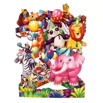 Figura decorativa de animais de festa coloridos com chapéus e balões