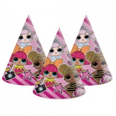 Chapéus de festa cónicos cor de rosa com personagens animadas e acessórios