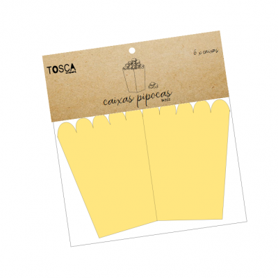 Pack de caixas amarelas para pipocas da TOSCA com etiqueta castanha