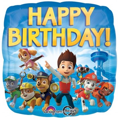 Balão quadrado azul da Patrulha Pata com texto 'HAPPY BIRTHDAY!' em amarelo