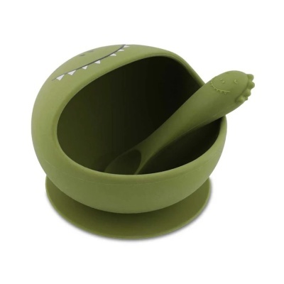 Prato infantil verde em silicone com colher e design de dinossauro