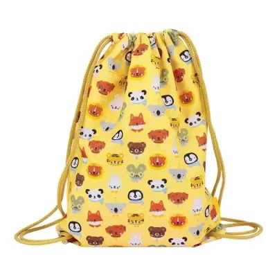 Saco mochila amarelo com padrão de rostos de animais coloridos
