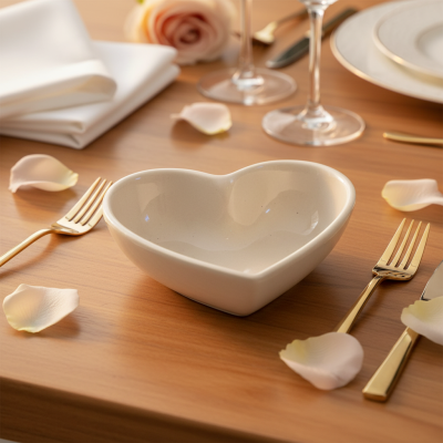 Taça ou tigela de cerâmica branca em forma de coração numa mesa com talheres dourados e pétalas de rosa