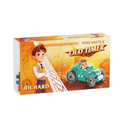 Caixa de mini waffle Old Timer com personagem animada e carro de brinquedo azul