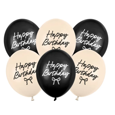 Balões de aniversário pretos e bege com texto Happy Birthday